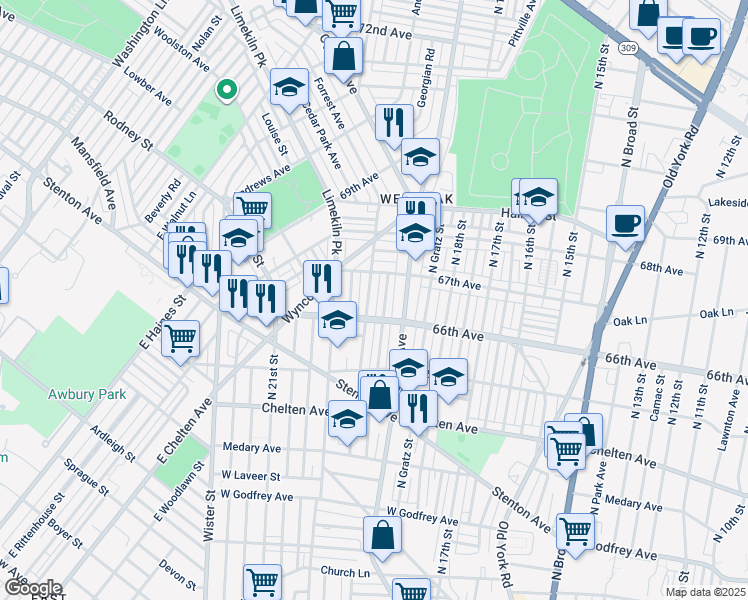 map of restaurants, bars, coffee shops, grocery stores, and more near 6625 North 20th Street in Philadelphia