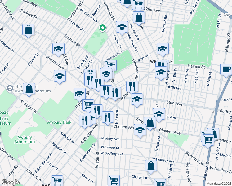 map of restaurants, bars, coffee shops, grocery stores, and more near 6614 North 21st Street in Philadelphia