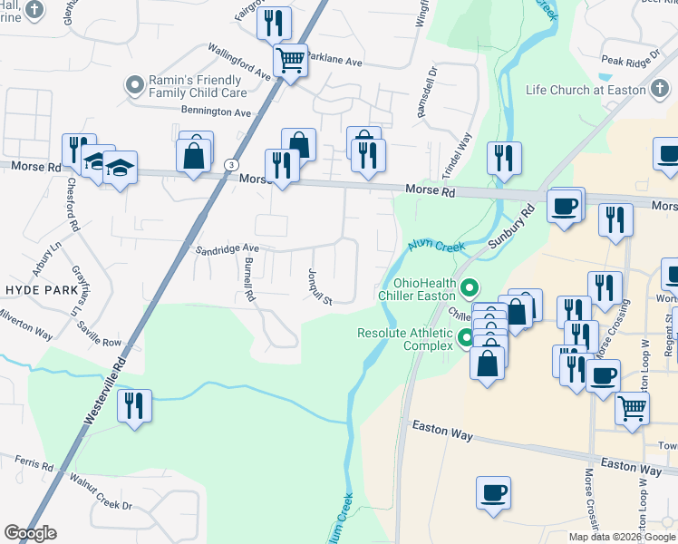 map of restaurants, bars, coffee shops, grocery stores, and more near 4144 Clayridge Lane in Columbus