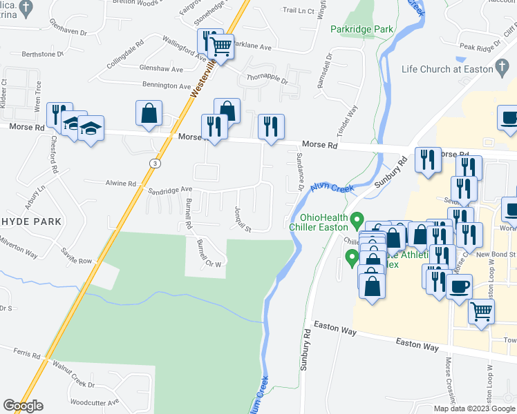 map of restaurants, bars, coffee shops, grocery stores, and more near 4144 Clayridge Lane in Columbus