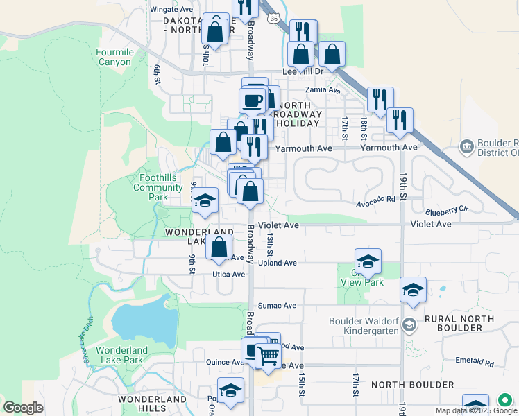 map of restaurants, bars, coffee shops, grocery stores, and more near 4490 Broadway in Boulder