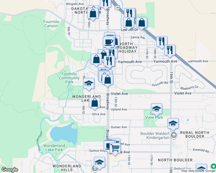 map of restaurants, bars, coffee shops, grocery stores, and more near 4490 Broadway in Boulder