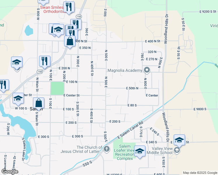 map of restaurants, bars, coffee shops, grocery stores, and more near 110 North 500 East in Salem