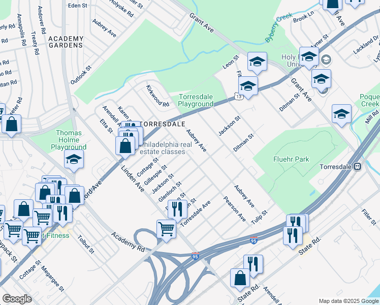 map of restaurants, bars, coffee shops, grocery stores, and more near 4420 Aubrey Avenue in Philadelphia