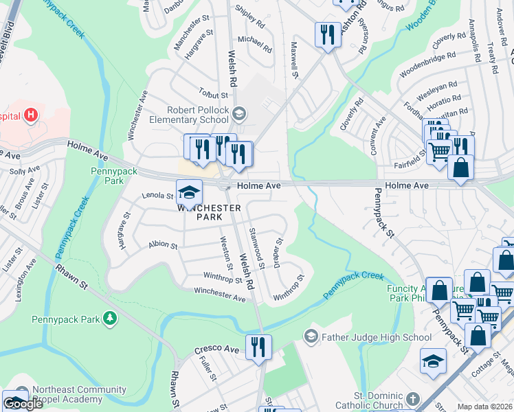 map of restaurants, bars, coffee shops, grocery stores, and more near 3016 Holme Avenue in Philadelphia