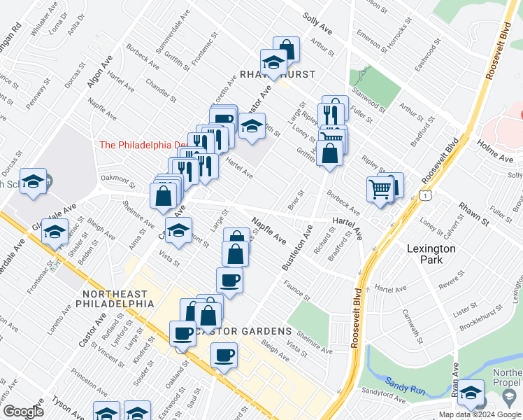 map of restaurants, bars, coffee shops, grocery stores, and more near 2126 Hartel Avenue in Philadelphia