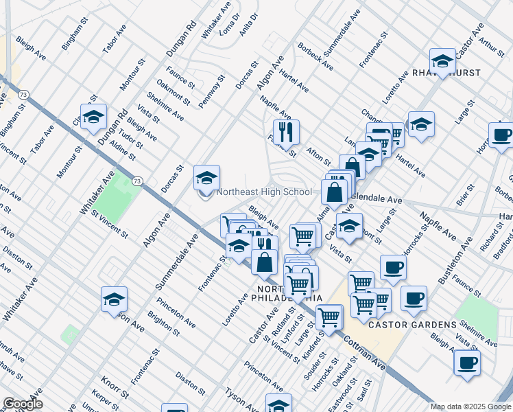 map of restaurants, bars, coffee shops, grocery stores, and more near 1731 Vista Street in Philadelphia