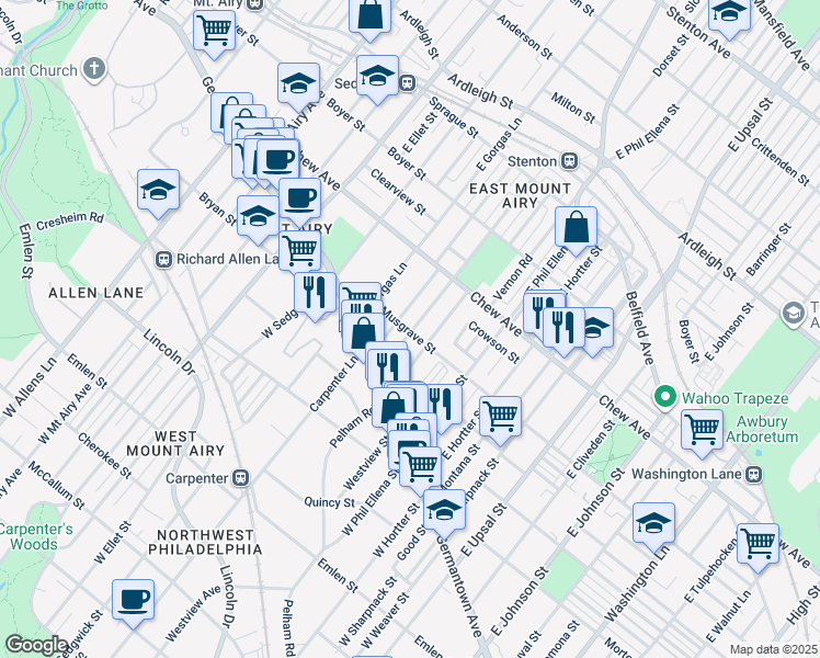 map of restaurants, bars, coffee shops, grocery stores, and more near 135 Pleasant Street in Philadelphia