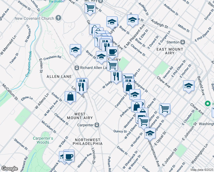 map of restaurants, bars, coffee shops, grocery stores, and more near 7021 Mower Street in Philadelphia