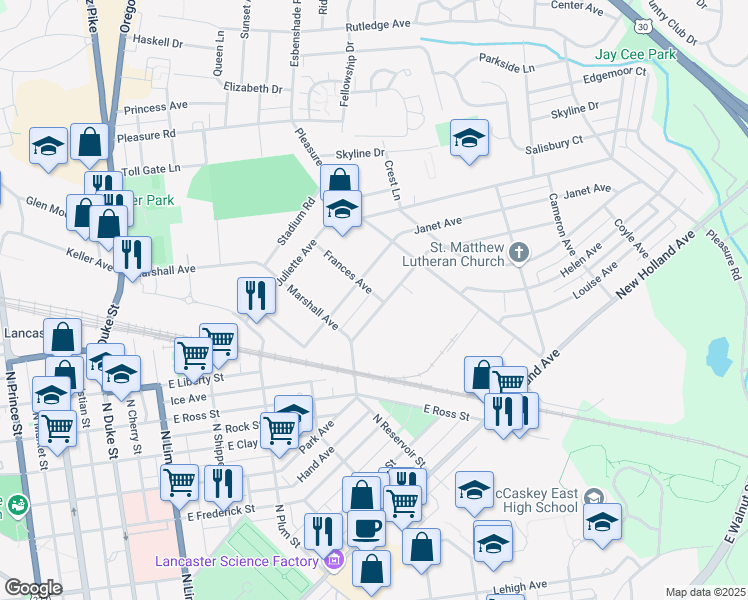 map of restaurants, bars, coffee shops, grocery stores, and more near 1017 Frances Avenue in Lancaster