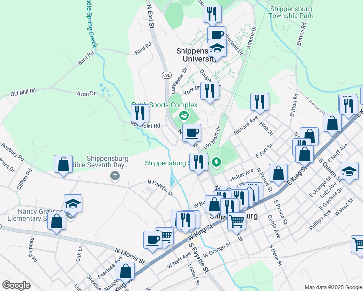 map of restaurants, bars, coffee shops, grocery stores, and more near 12 Middle Spring Avenue in Shippensburg