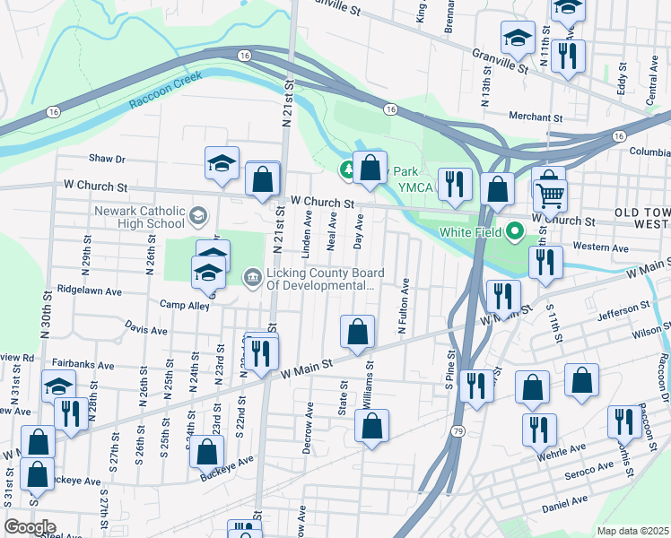 map of restaurants, bars, coffee shops, grocery stores, and more near 163 Neal Avenue in Newark
