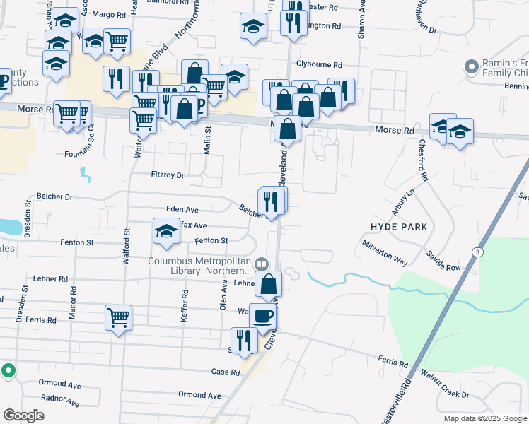 map of restaurants, bars, coffee shops, grocery stores, and more near 4269-4283 Cleveland Avenue in Columbus