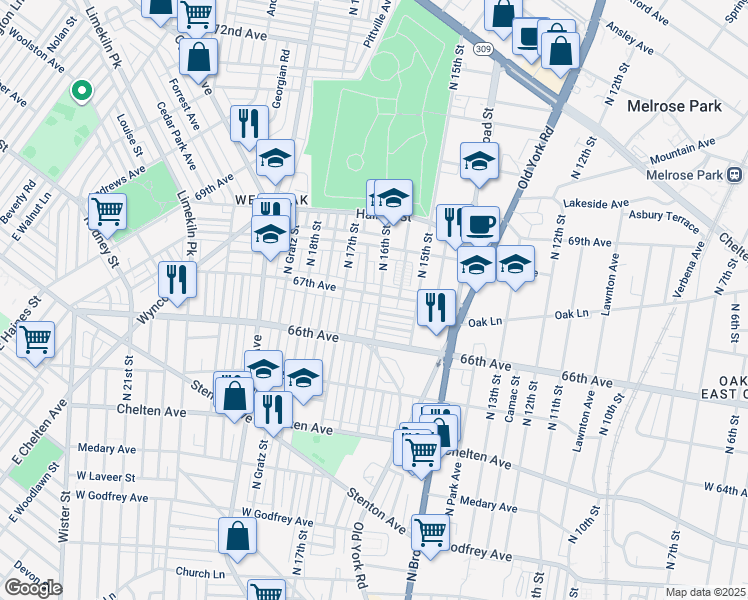 map of restaurants, bars, coffee shops, grocery stores, and more near 1604 67th Avenue in Philadelphia