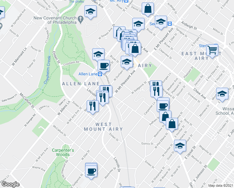 map of restaurants, bars, coffee shops, grocery stores, and more near 236 West Mount Pleasant Avenue in Philadelphia