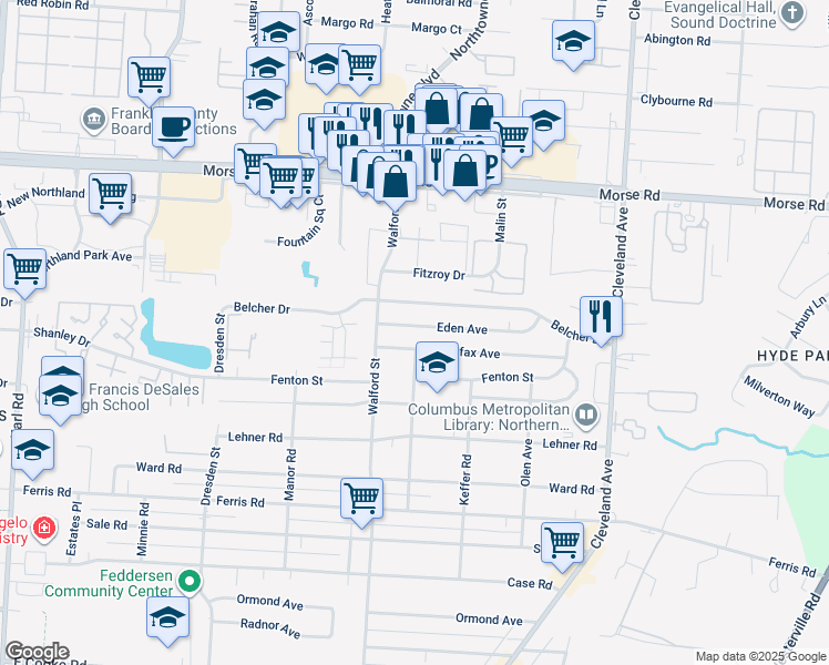 map of restaurants, bars, coffee shops, grocery stores, and more near 2103 Eden Avenue in Columbus