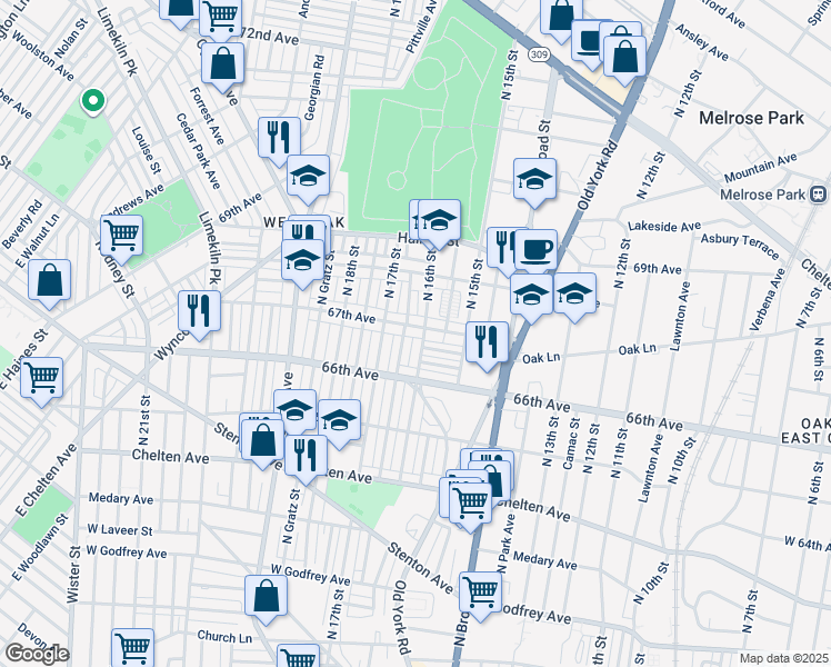 map of restaurants, bars, coffee shops, grocery stores, and more near 1604 67th Avenue in Philadelphia