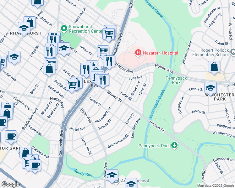 map of restaurants, bars, coffee shops, grocery stores, and more near 2727 Rhawn Street in Philadelphia
