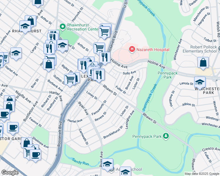 map of restaurants, bars, coffee shops, grocery stores, and more near 2727 Rhawn Street in Philadelphia
