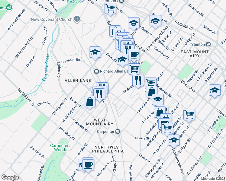 map of restaurants, bars, coffee shops, grocery stores, and more near 236 West Mount Pleasant Avenue in Philadelphia