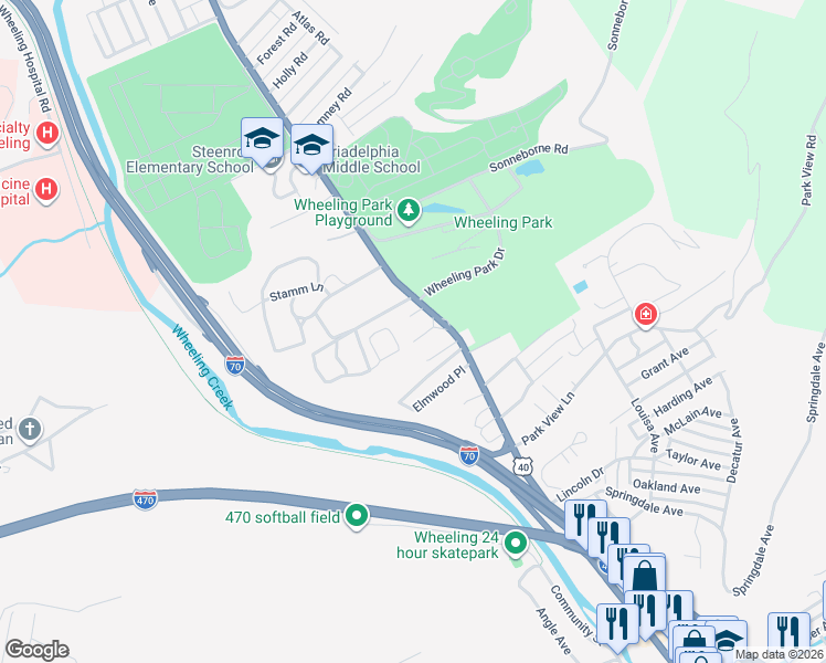map of restaurants, bars, coffee shops, grocery stores, and more near 1789-1793 National Road in Wheeling