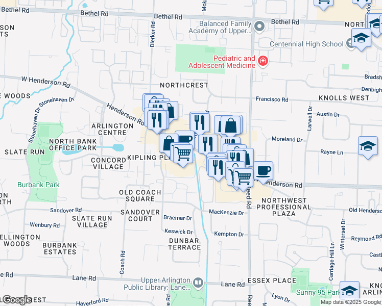 map of restaurants, bars, coffee shops, grocery stores, and more near 1933 West Henderson Road in Columbus