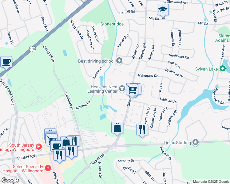 map of restaurants, bars, coffee shops, grocery stores, and more near 16 Adams Drive in Burlington Township