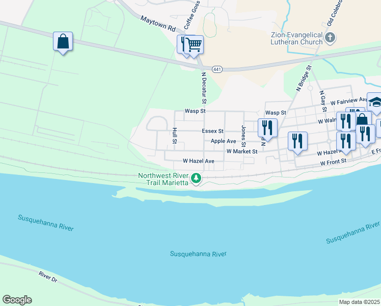 map of restaurants, bars, coffee shops, grocery stores, and more near 622 West Market Street in Marietta