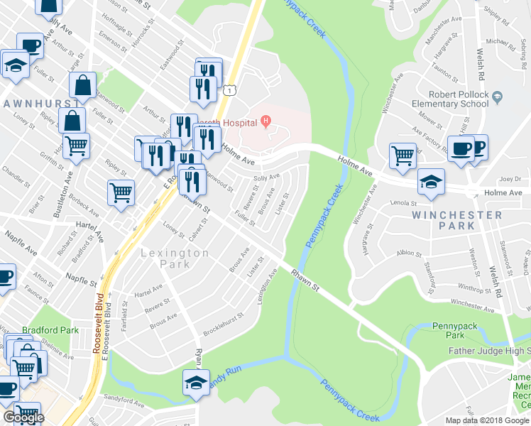 map of restaurants, bars, coffee shops, grocery stores, and more near 8117 Brous Avenue in Philadelphia