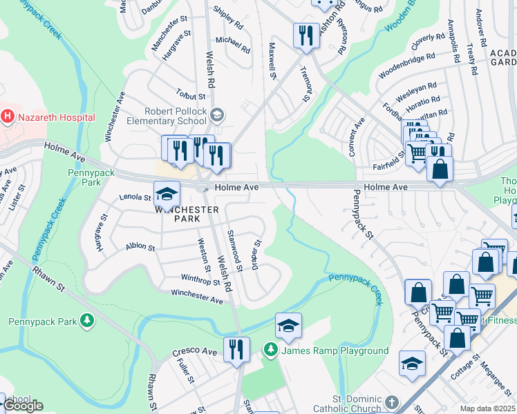 map of restaurants, bars, coffee shops, grocery stores, and more near 8229 Narvon Street in Philadelphia
