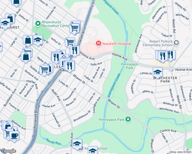 map of restaurants, bars, coffee shops, grocery stores, and more near 8117 Brous Avenue in Philadelphia