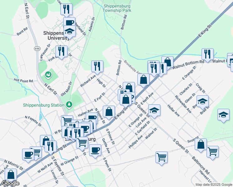 map of restaurants, bars, coffee shops, grocery stores, and more near 339 East Burd Street in Shippensburg