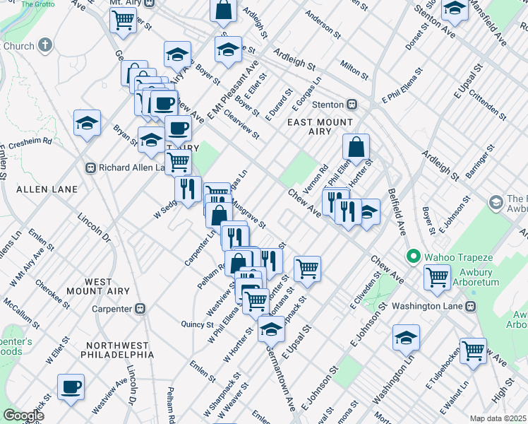 map of restaurants, bars, coffee shops, grocery stores, and more near 221 Slocum Street in Philadelphia