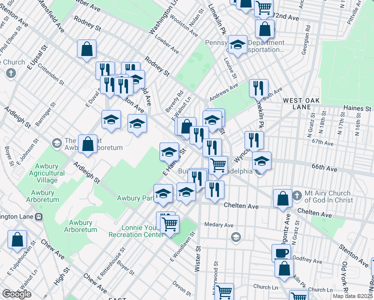 map of restaurants, bars, coffee shops, grocery stores, and more near 1376 East Haines Street in Philadelphia