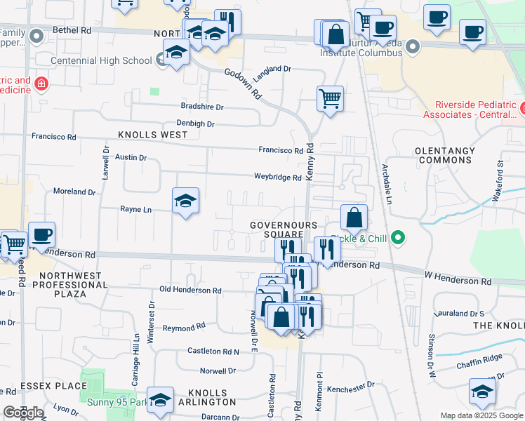 map of restaurants, bars, coffee shops, grocery stores, and more near 4780 Gainsborough Court in Columbus