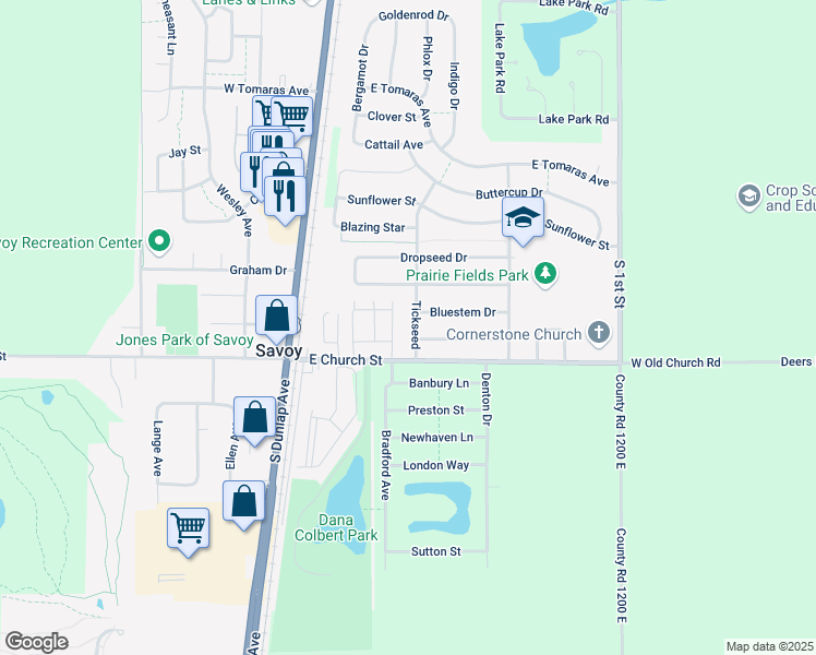 map of restaurants, bars, coffee shops, grocery stores, and more near 117 Tickseed in Savoy
