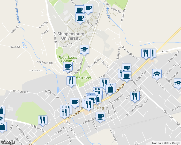 map of restaurants, bars, coffee shops, grocery stores, and more near 218 North Prince Street in Shippensburg