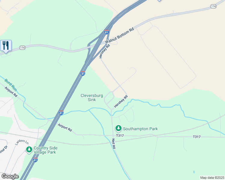 map of restaurants, bars, coffee shops, grocery stores, and more near 28 Thompson Creek Drive in Shippensburg