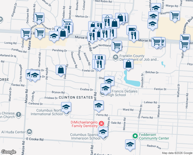 map of restaurants, bars, coffee shops, grocery stores, and more near Karl Rd & Shanley Dr in Columbus