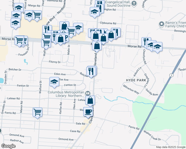 map of restaurants, bars, coffee shops, grocery stores, and more near 4274 Cleveland Avenue in Columbus
