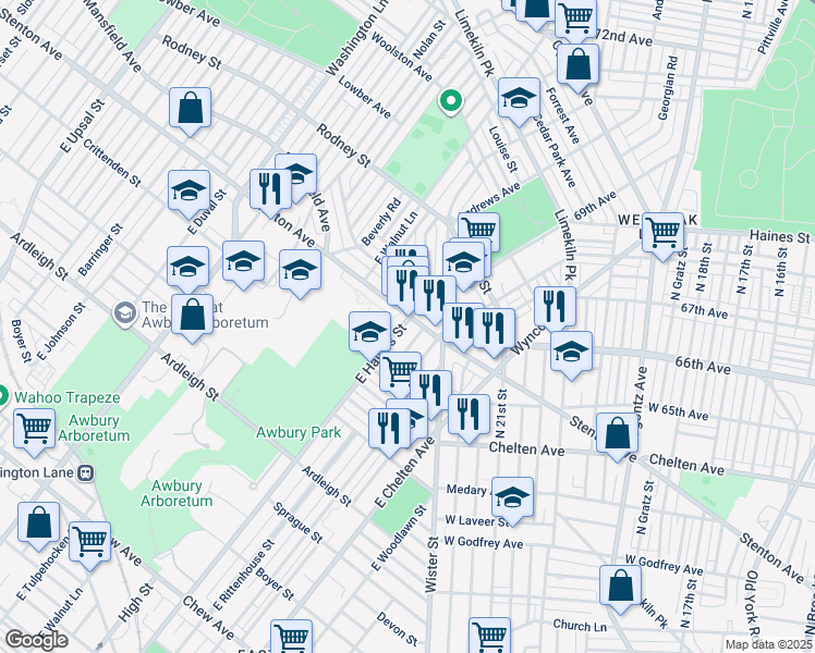 map of restaurants, bars, coffee shops, grocery stores, and more near 1378 East Haines Street in Philadelphia