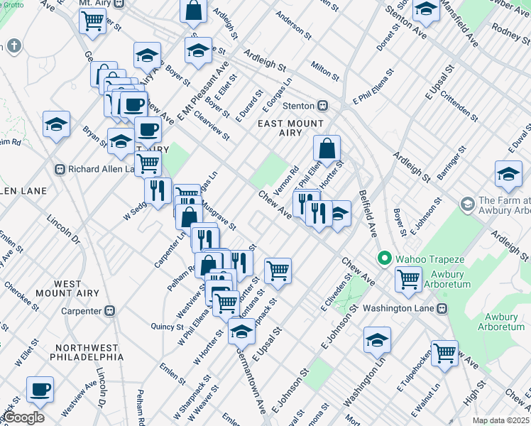 map of restaurants, bars, coffee shops, grocery stores, and more near 6721 Crowson Street in Philadelphia