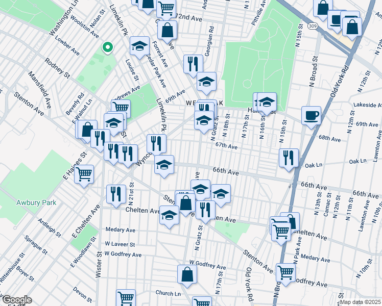 map of restaurants, bars, coffee shops, grocery stores, and more near 6631 North Uber Street in Philadelphia