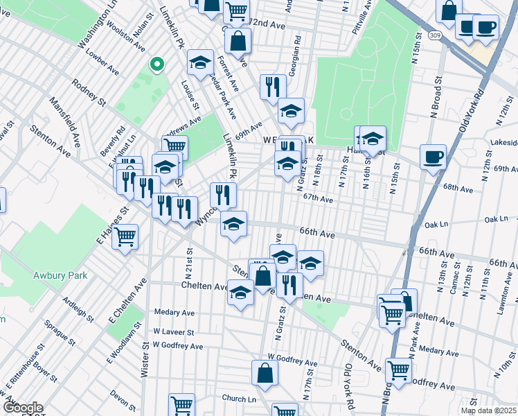 map of restaurants, bars, coffee shops, grocery stores, and more near 6629 North 20th Street in Philadelphia