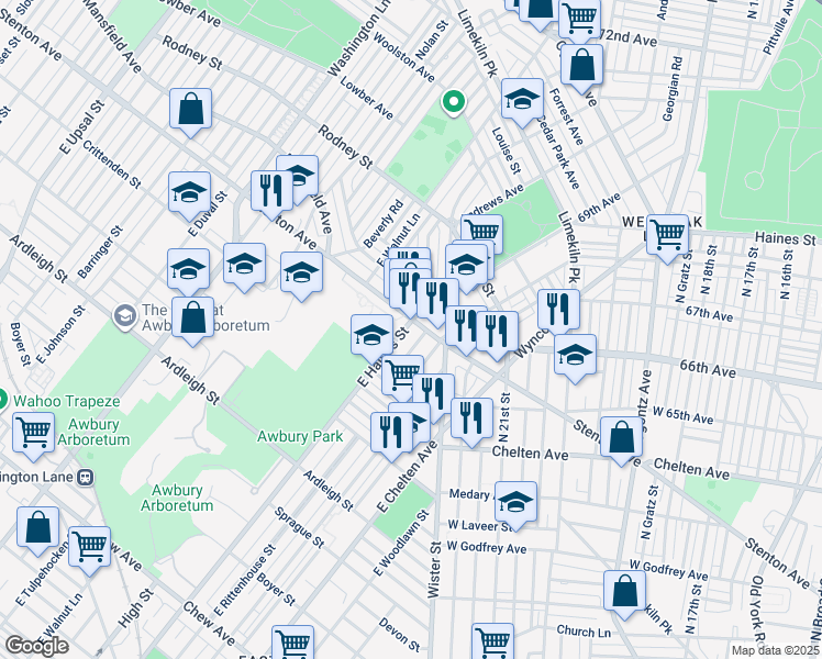map of restaurants, bars, coffee shops, grocery stores, and more near 1378 East Haines Street in Philadelphia