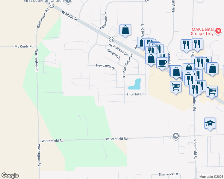 map of restaurants, bars, coffee shops, grocery stores, and more near 2514 Inverness Court in Troy