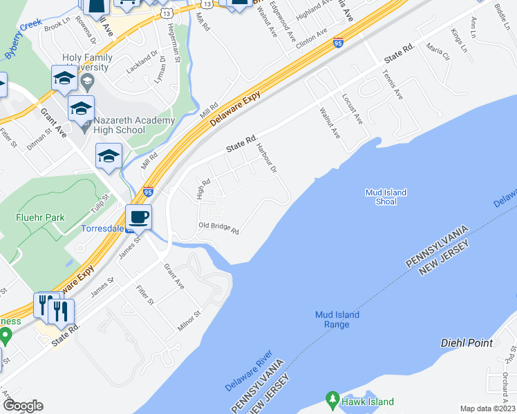 map of restaurants, bars, coffee shops, grocery stores, and more near 452 Old Bridge Road in Bensalem
