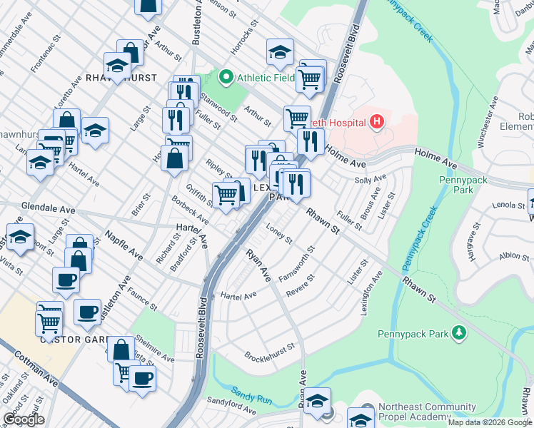 map of restaurants, bars, coffee shops, grocery stores, and more near 7901 East Roosevelt Boulevard in Philadelphia