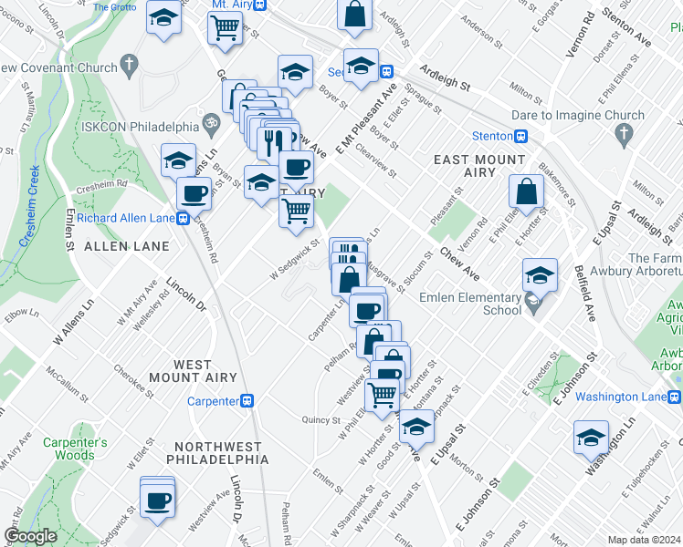 map of restaurants, bars, coffee shops, grocery stores, and more near 2 East Gorgas Lane in Philadelphia