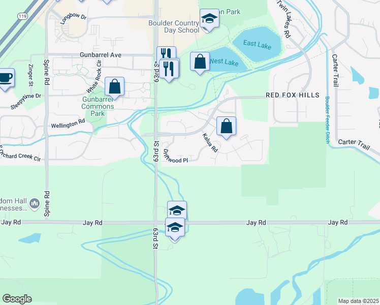 map of restaurants, bars, coffee shops, grocery stores, and more near 6400 Driftwood Place in Boulder